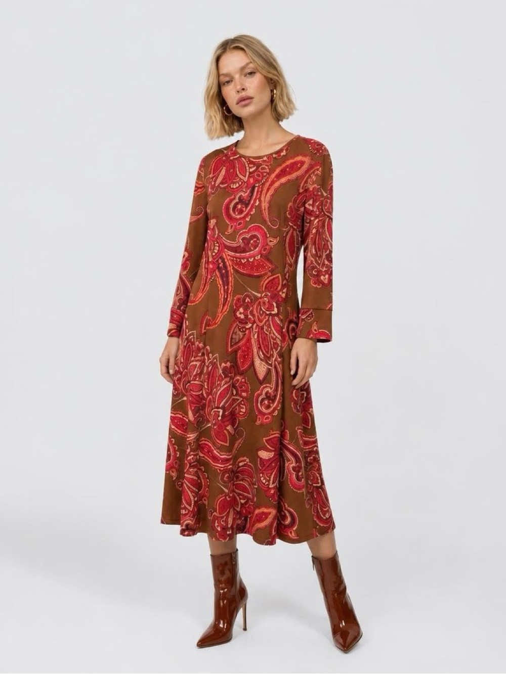 Donna Morgan Dress Size 16 NWT Brown Red Paisley 3/4 Sleeve A-Line Stretch Midi - Picture 2 of 9